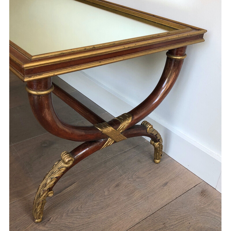 Vintage carved wood coffee table with patina and gilding by Maison Hirch, France 1940