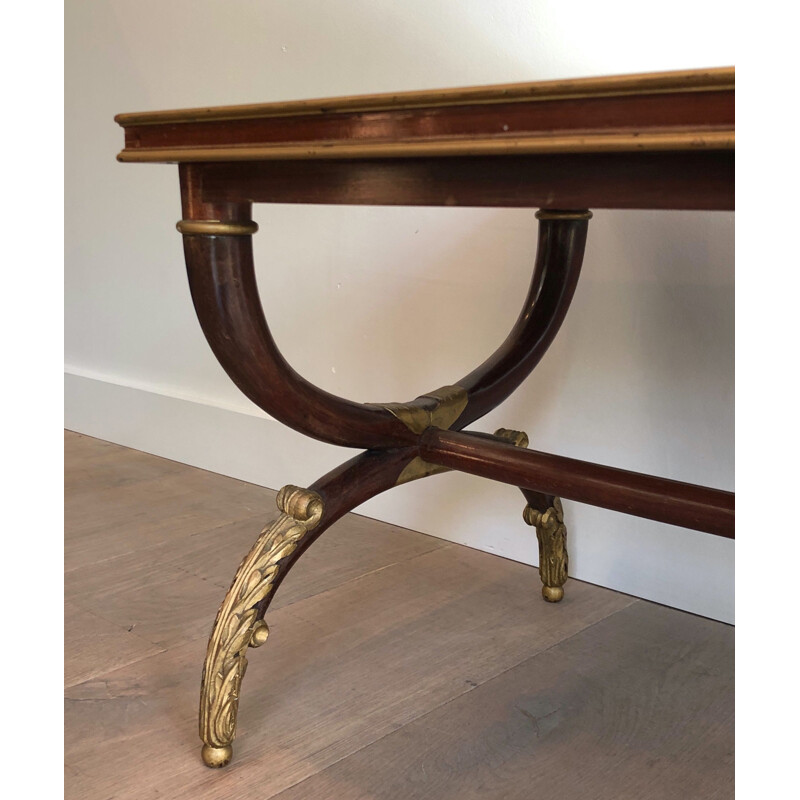 Vintage carved wood coffee table with patina and gilding by Maison Hirch, France 1940