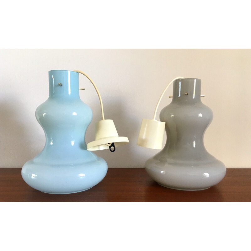 Pair of vintage blue and grey opaline pendant lamps, 1960