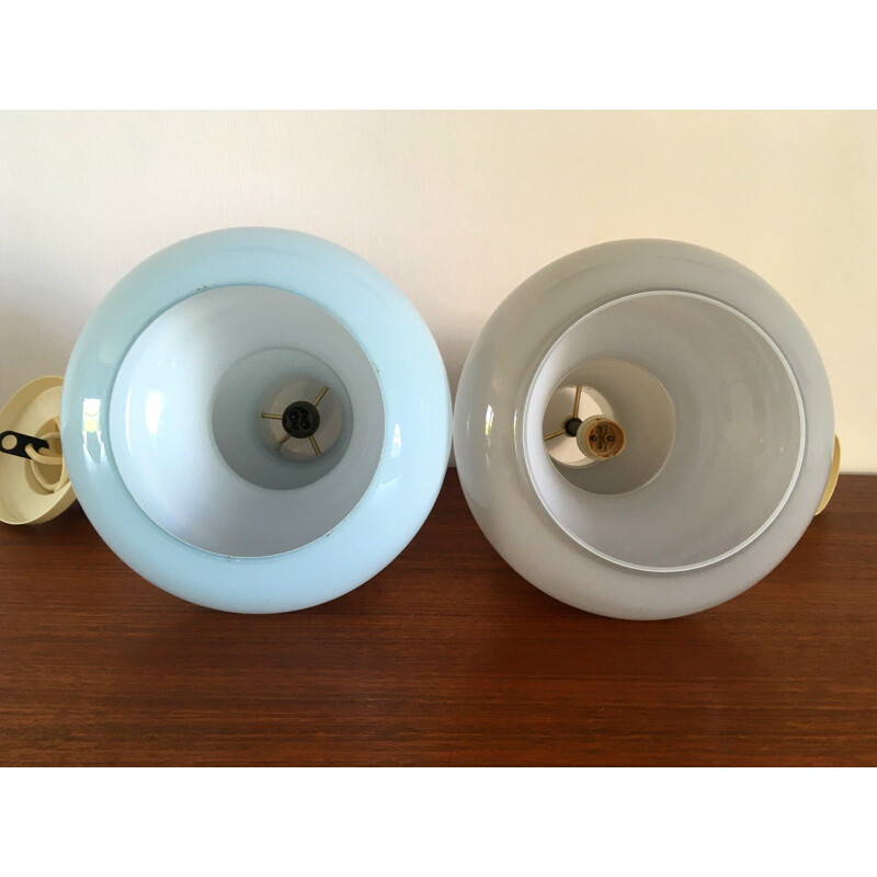 Pair of vintage blue and grey opaline pendant lamps, 1960