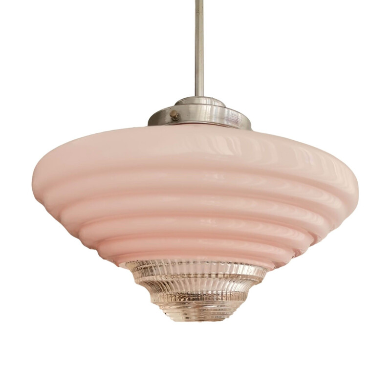 Art Deco vintage pink opal ribbed glass pendant lamp, 1950s