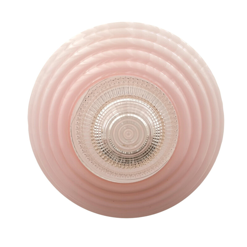 Art Deco vintage pink opal ribbed glass pendant lamp, 1950s