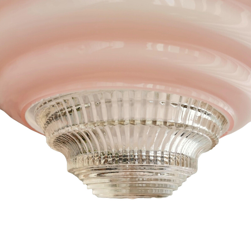 Art Deco vintage pink opal ribbed glass pendant lamp, 1950s