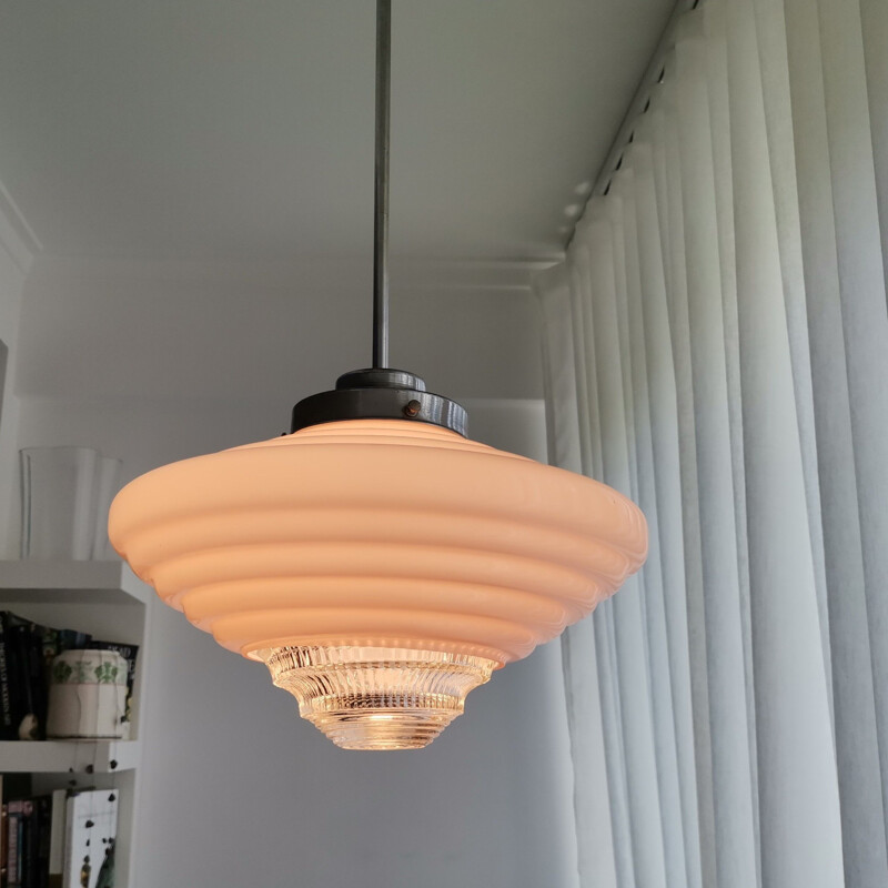 Art Deco vintage pink opal ribbed glass pendant lamp, 1950s