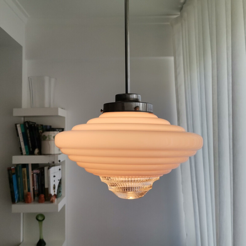 Art Deco vintage pink opal ribbed glass pendant lamp, 1950s