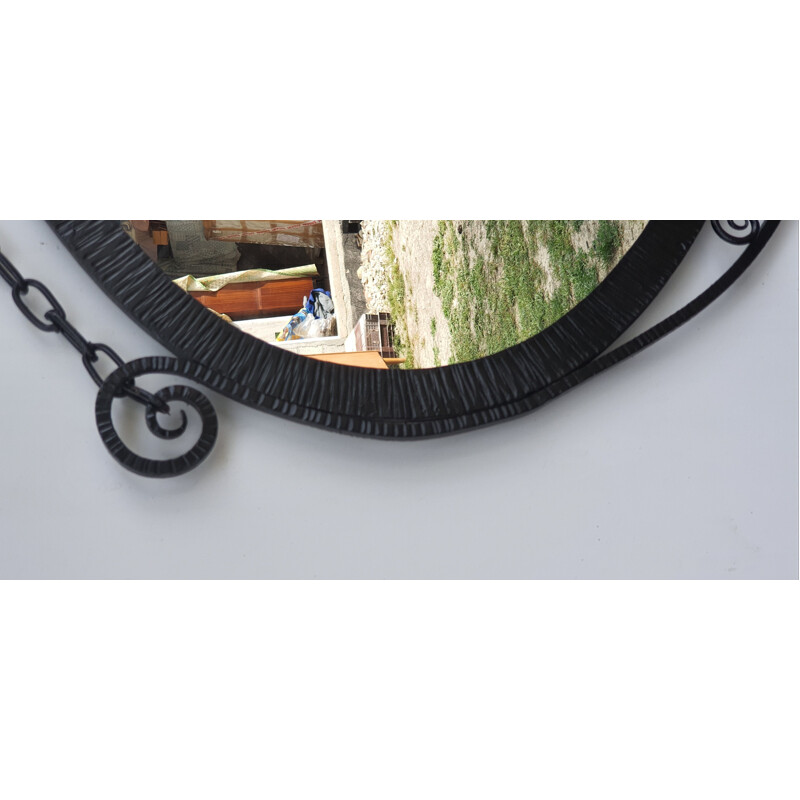 Vintage art deco oval mirror in black wrought iron