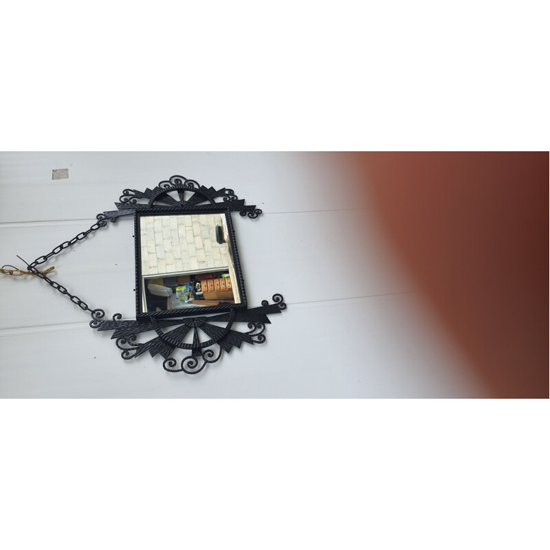 Vintage black wrought iron art deco mirror