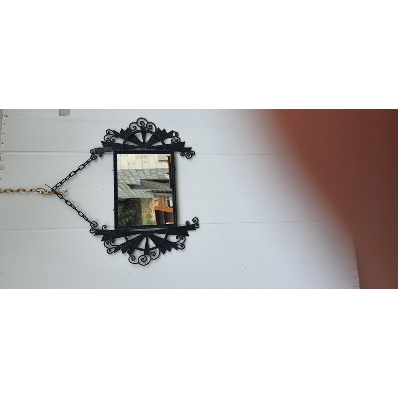 Vintage black wrought iron art deco mirror