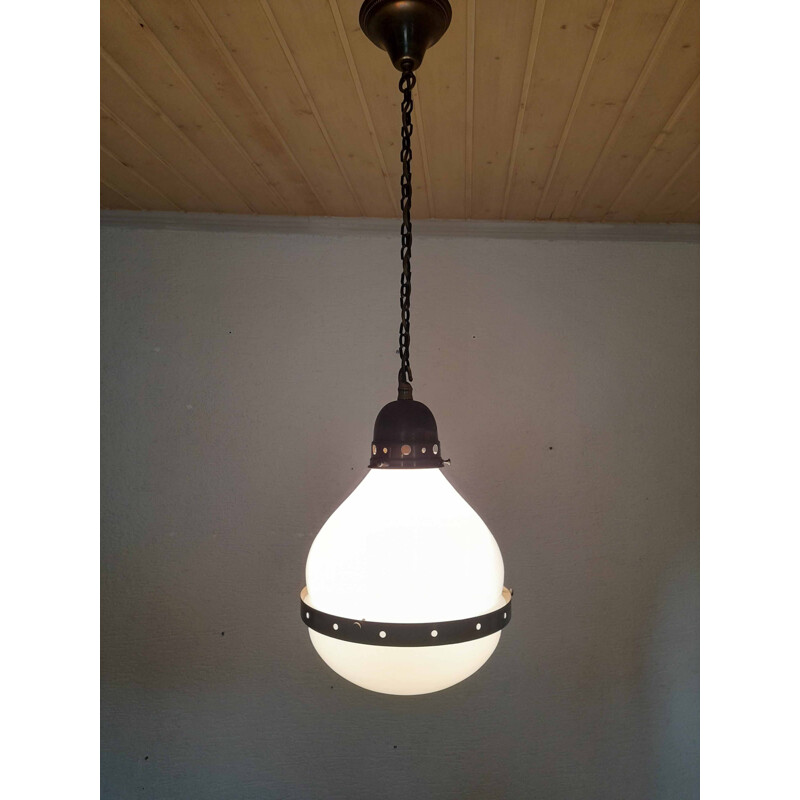 Vintage Bauhaus pendant lamp in opal glass and brass, 1920