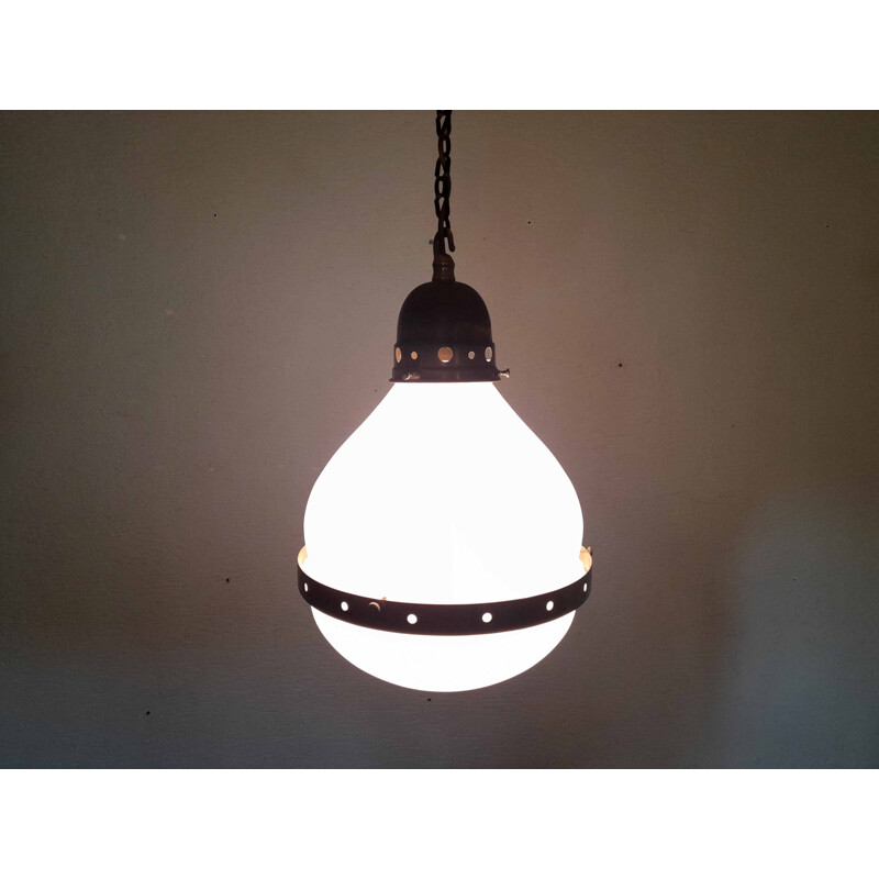 Vintage Bauhaus pendant lamp in opal glass and brass, 1920