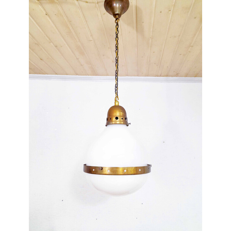 Vintage Bauhaus pendant lamp in opal glass and brass, 1920