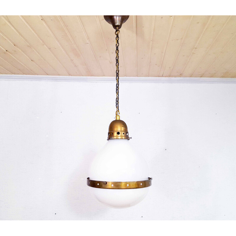 Vintage Bauhaus pendant lamp in opal glass and brass, 1920