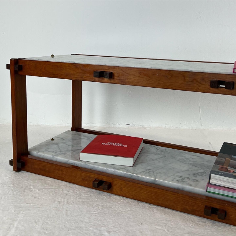 Vintage modernist shelf in marble and wood, 1980