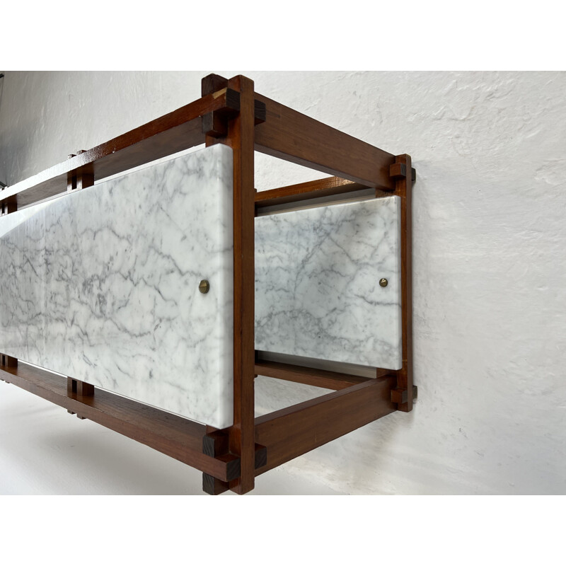 Vintage modernist shelf in marble and wood, 1980