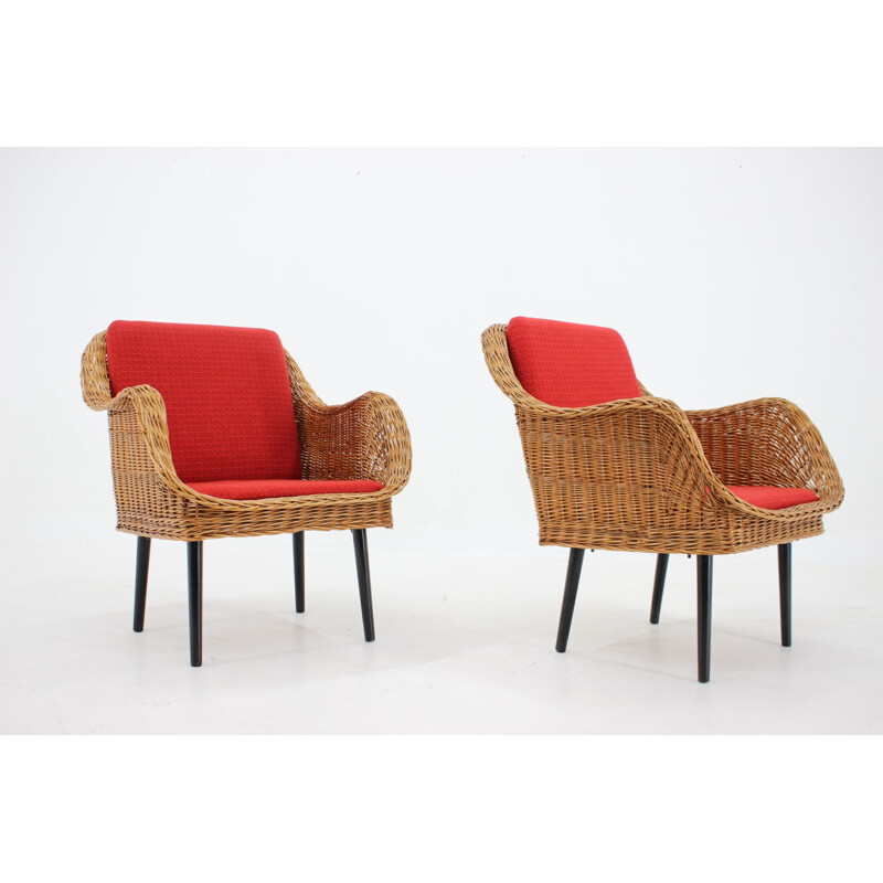 Paar vintage rotan fauteuils met kussens, Frankrijk 1970