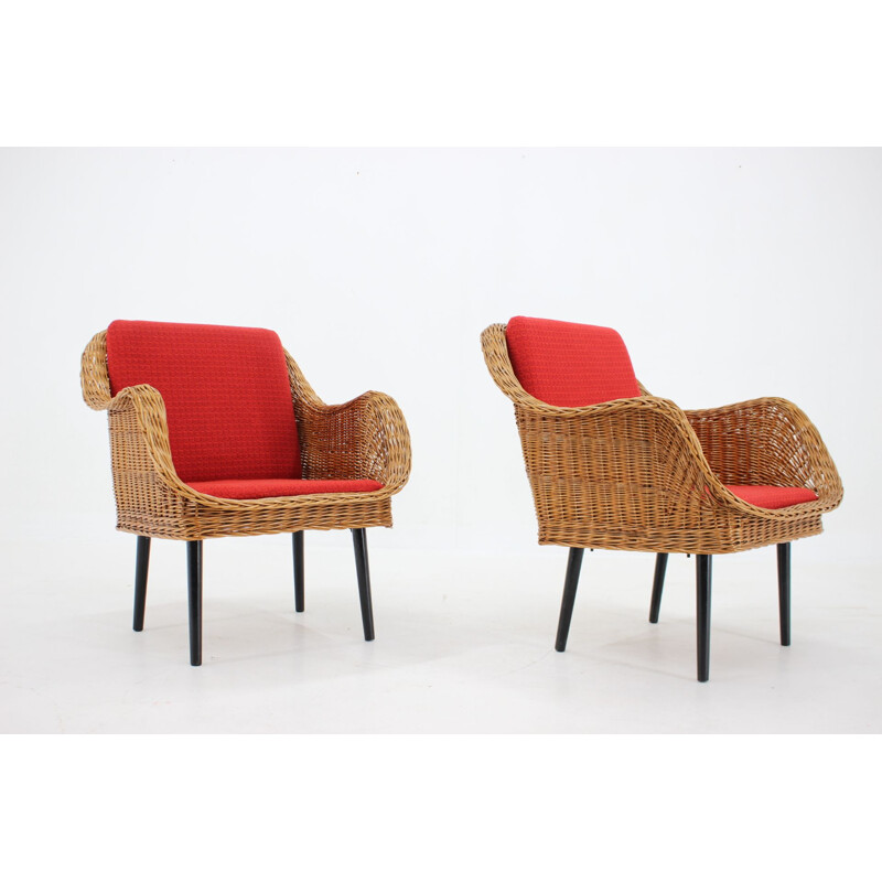 Pair of vintage rattan armchairs with pillows, France 1970s