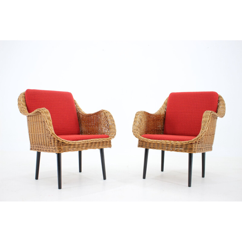 Pair of vintage rattan armchairs with pillows, France 1970s