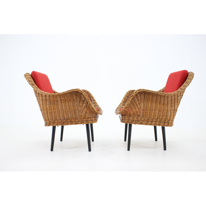 Paar vintage rotan fauteuils met kussens, Frankrijk 1970