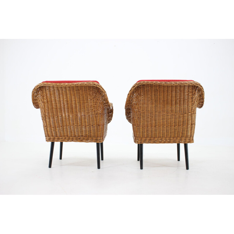 Pair of vintage rattan armchairs with pillows, France 1970s