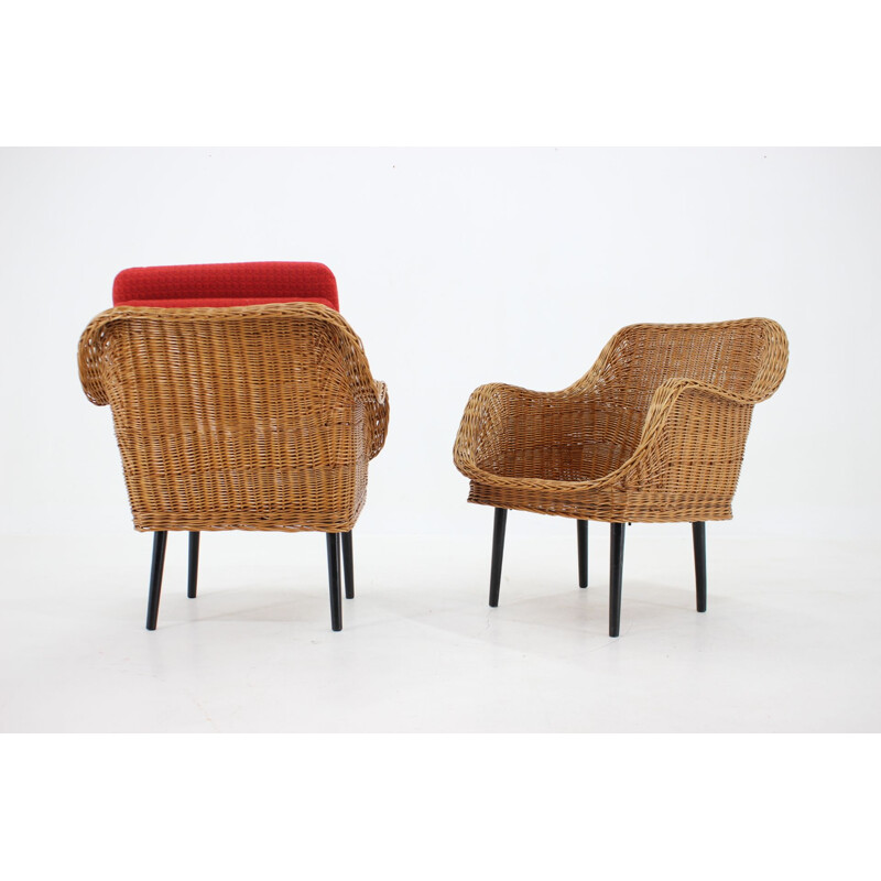 Pair of vintage rattan armchairs with pillows, France 1970s