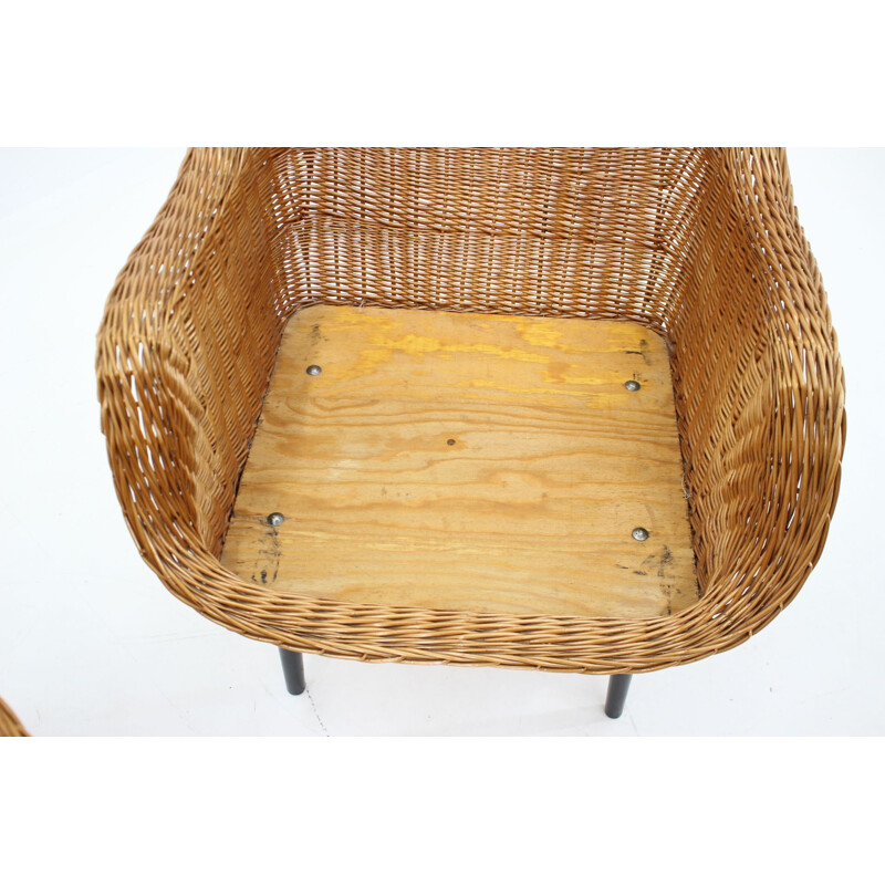 Paar vintage rotan fauteuils met kussens, Frankrijk 1970