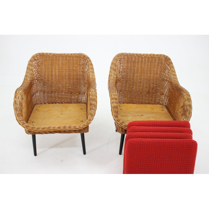 Pair of vintage rattan armchairs with pillows, France 1970s