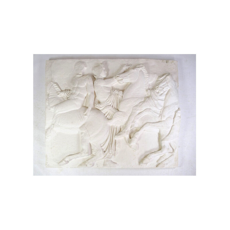 Vintage relief in white colors with a motif of people and horses, 1940s