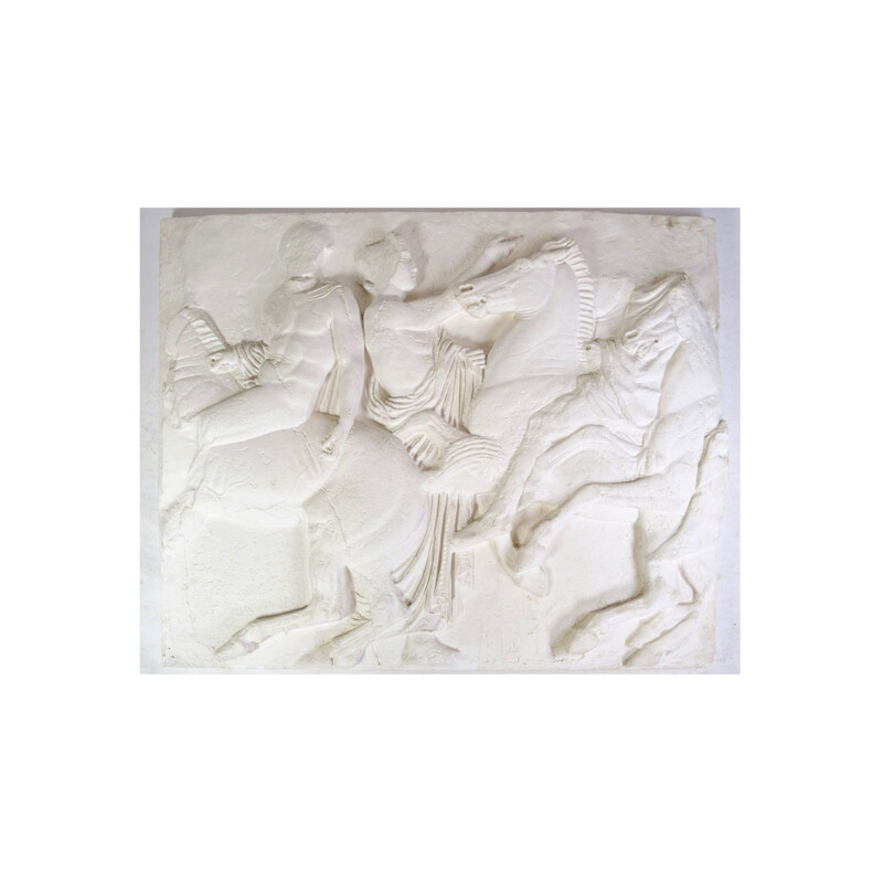 Vintage relief in white colors with a motif of people and horses, 1940s