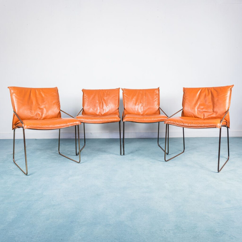 Set van 4 vintage stoelen in chroomstaal en oranje leer, 1970
