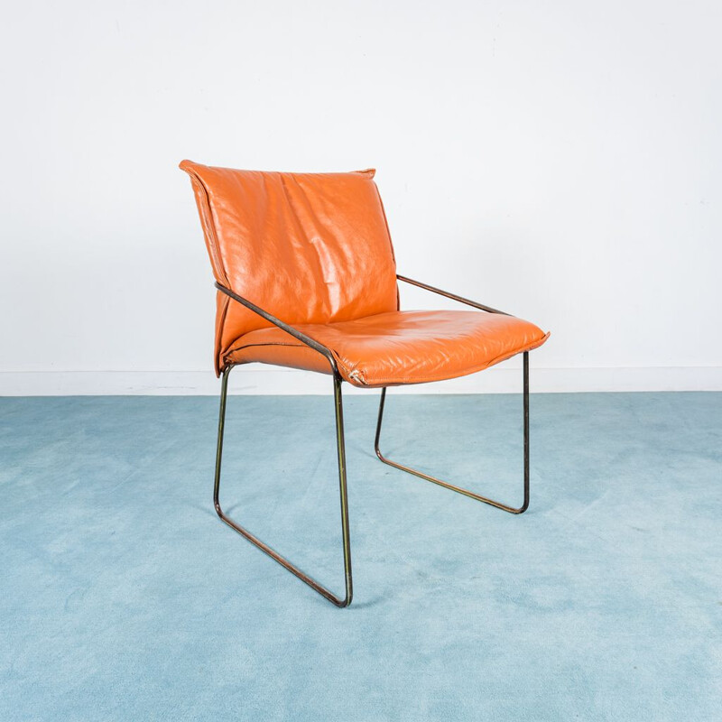 Ensemble de 4 chaises vintage en acier chromé et cuir orange, 1970