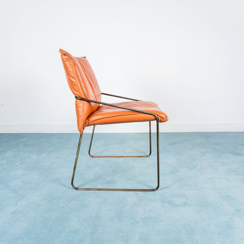 Ensemble de 4 chaises vintage en acier chromé et cuir orange, 1970