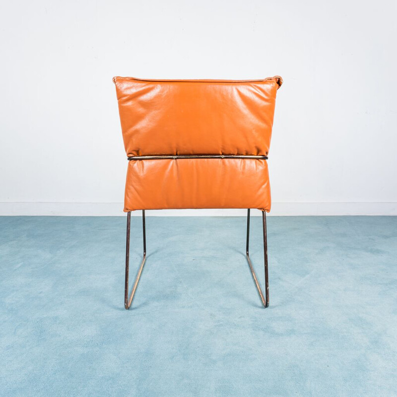 Juego de 4 sillas vintage de acero cromado y cuero naranja, 1970