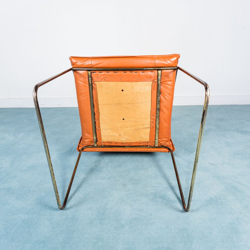 Set van 4 vintage stoelen in chroomstaal en oranje leer, 1970