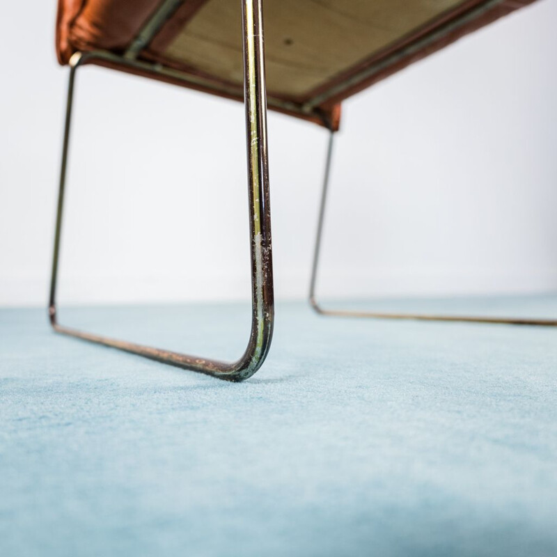 Set of 4 vintage chairs in chromed steel and orange leather, 1970s