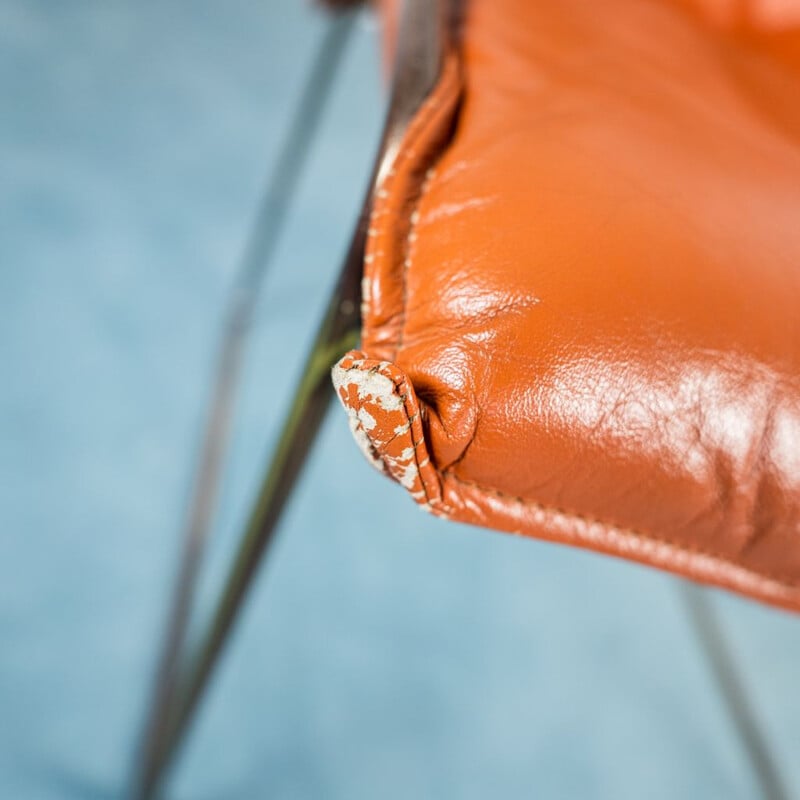 Set of 4 vintage chairs in chromed steel and orange leather, 1970s