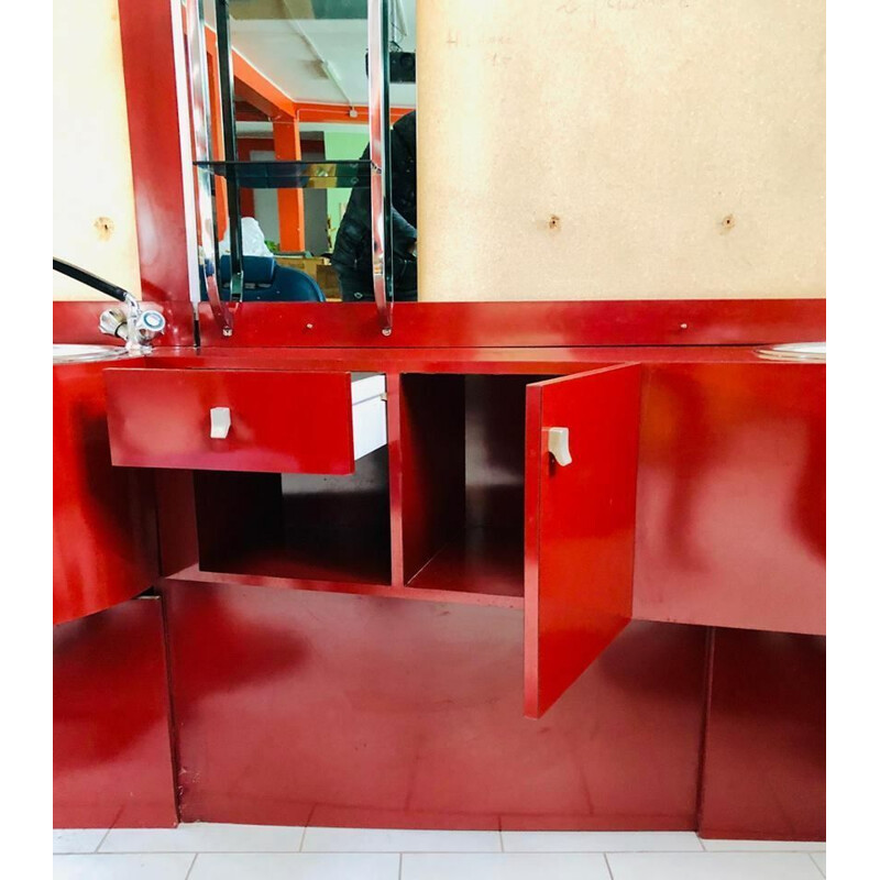 Red lacquered vintage barber's cabinet, 1980