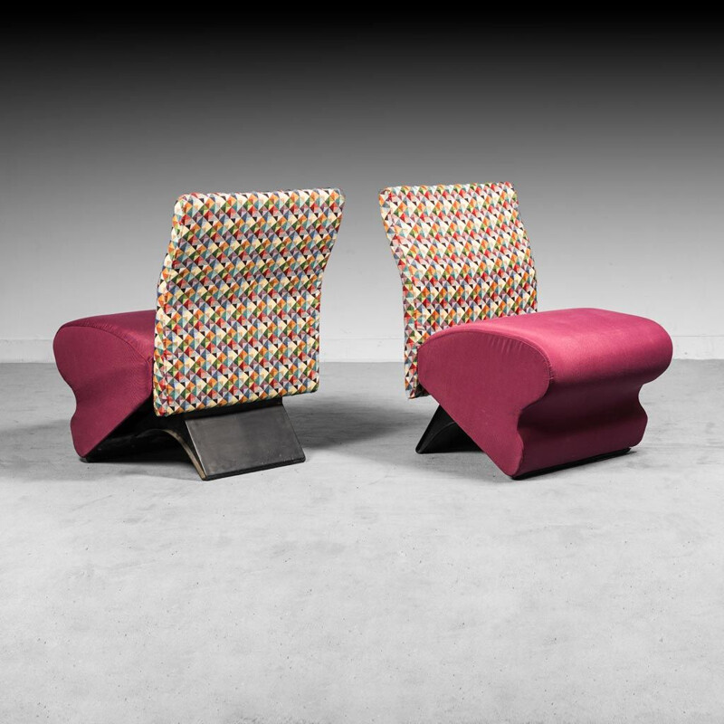 Pair of vintage armchairs in burgundy and multicolor fabric, 1980s