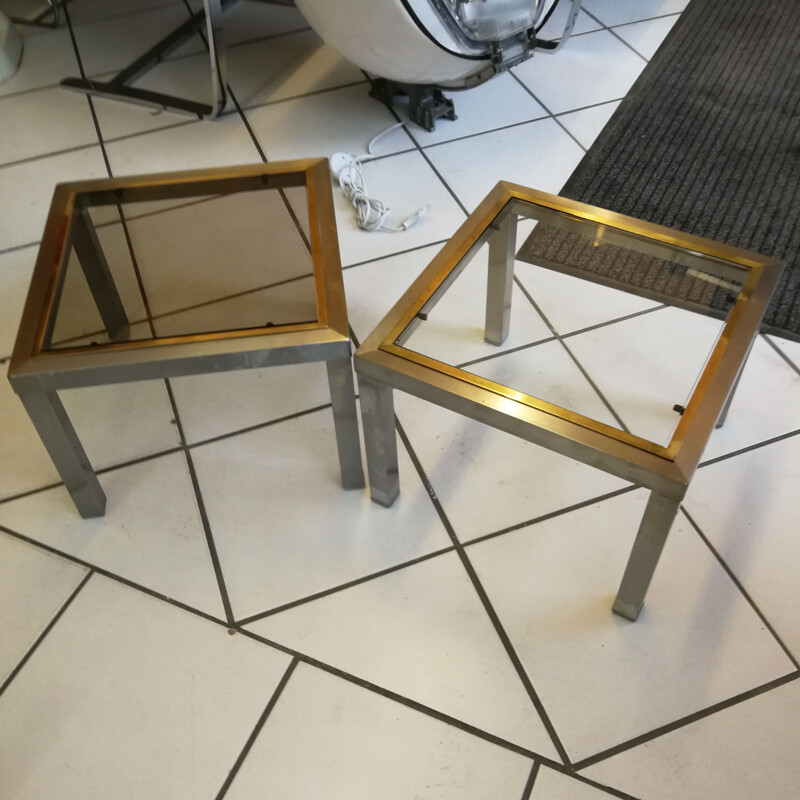 Pair of vintage coffee tables in brushed brass and glass