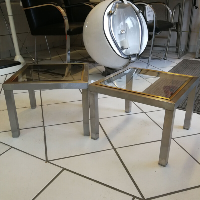 Pair of vintage coffee tables in brushed brass and glass