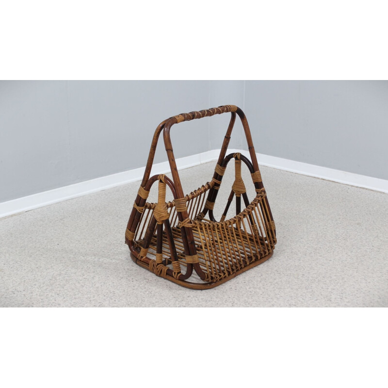 Vintage rattan magazine rack by F.lli Castano, 1950s