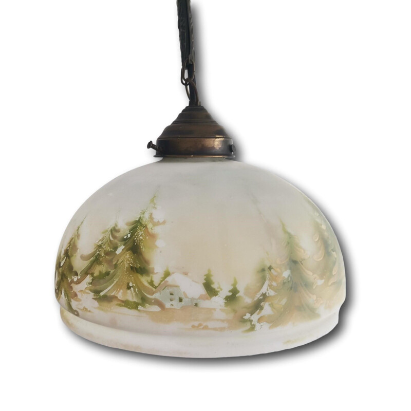 Vintage hand painted white opal glass pendant lamp with winter landscape, 1950s