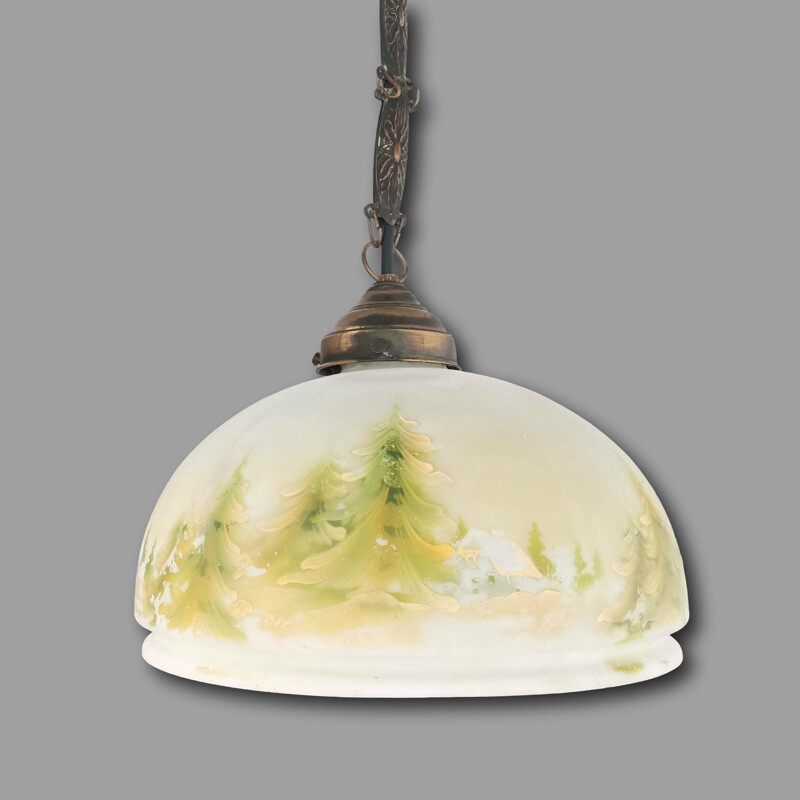 Vintage hand painted white opal glass pendant lamp with winter landscape, 1950s