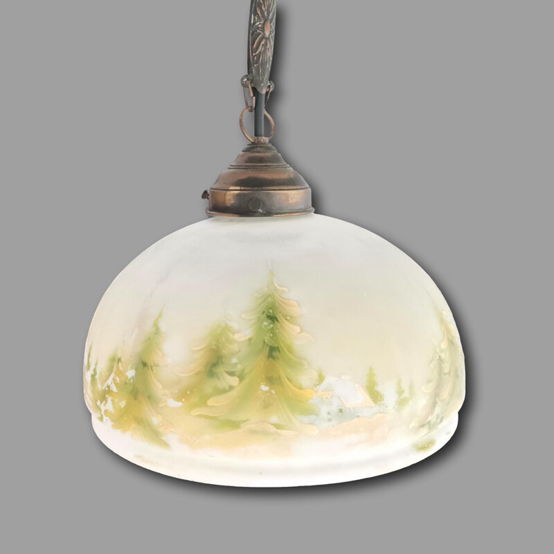 Vintage hand painted white opal glass pendant lamp with winter landscape, 1950s