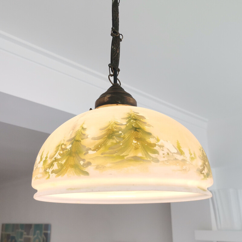 Vintage hand painted white opal glass pendant lamp with winter landscape, 1950s