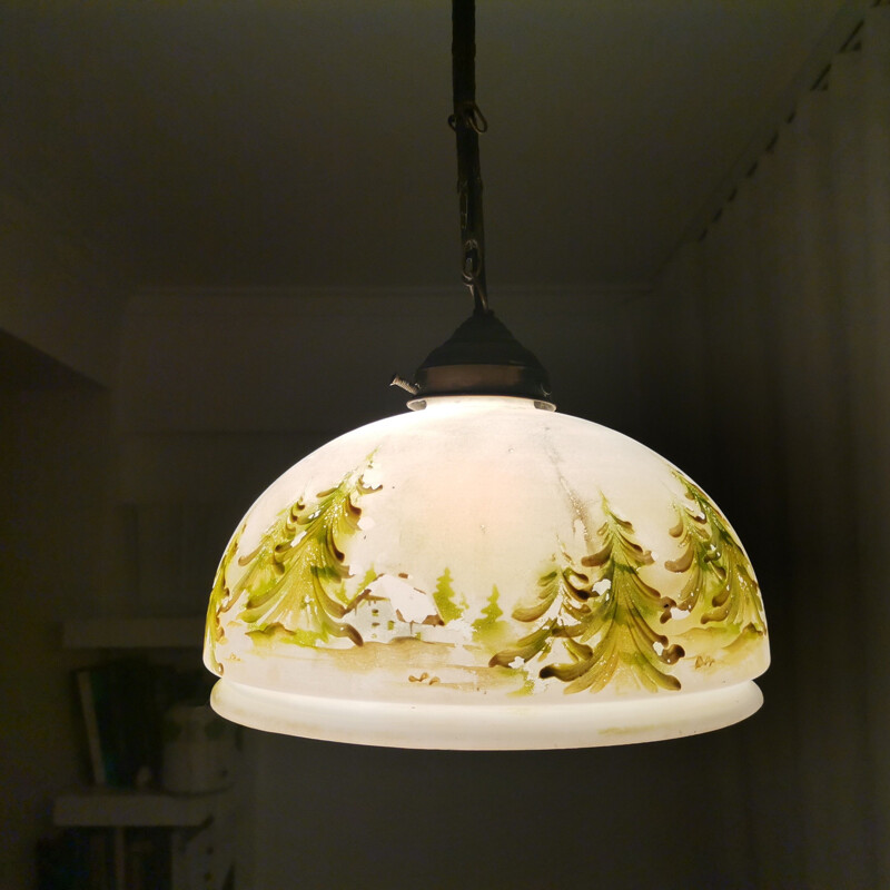 Vintage hand painted white opal glass pendant lamp with winter landscape, 1950s