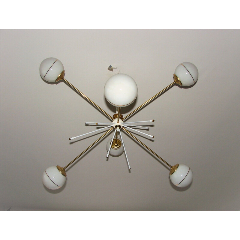 Lampadario vintage in ottone e vetro, 1960