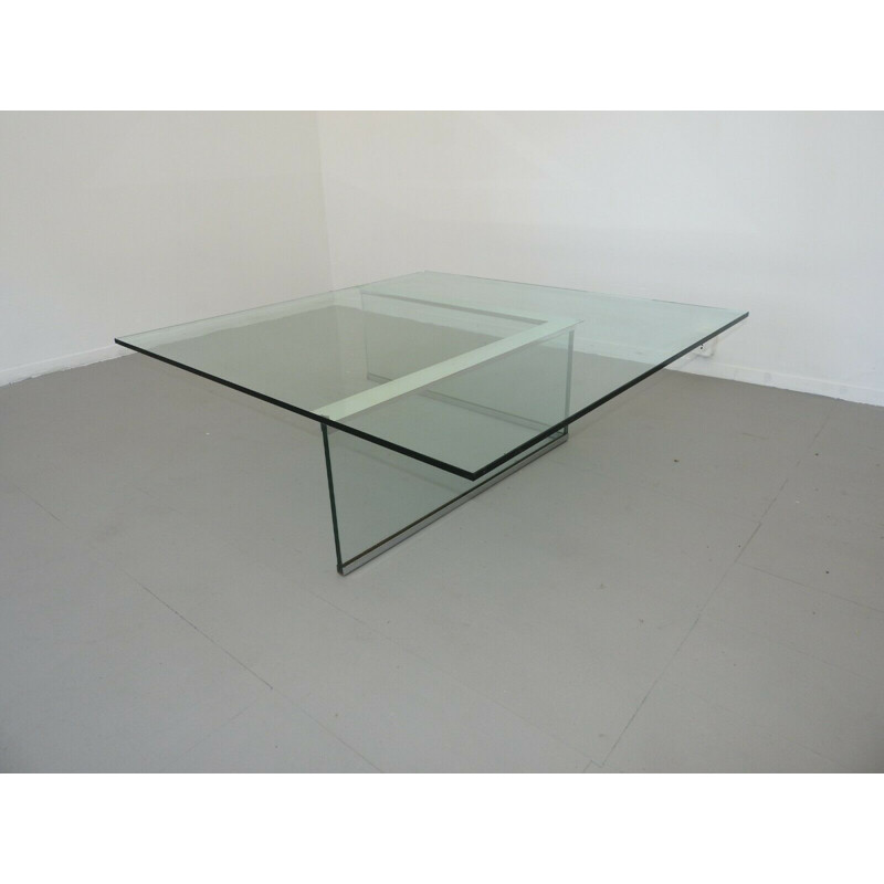 Mesa de centro vintage de cristal y acero cromado con estante de cristal templado, 1970