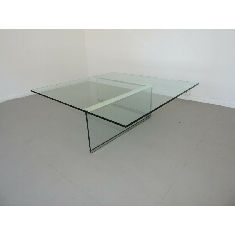 Vintage glass and chrome steel coffee table with tempered glass shelf, 1970