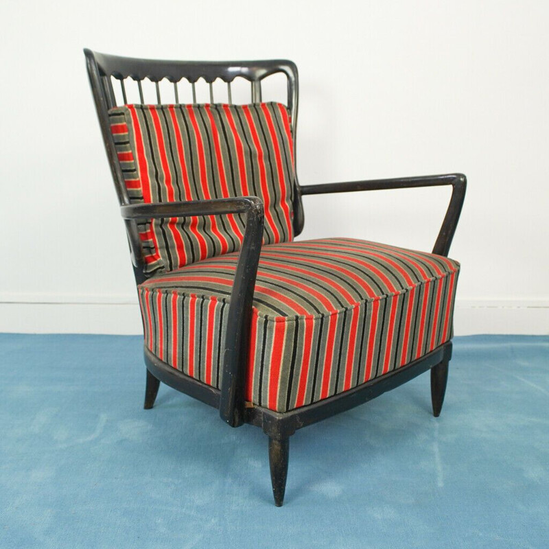 Vintage living room sofa with black lacquered wood armchair, 1950s