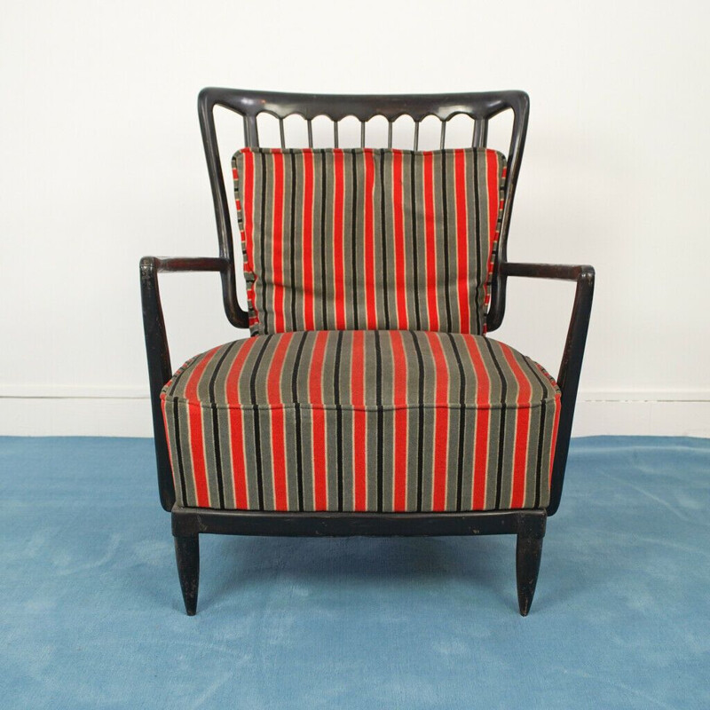 Sofá de salón vintage con sillón de madera lacado en negro, 1950